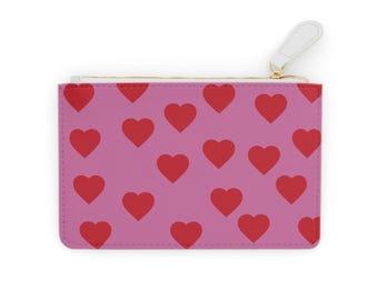 Mini torebka kopertówka z wzorem czerwonego serca | Różowa torebka na zamek z motywem serca walentynkowego
