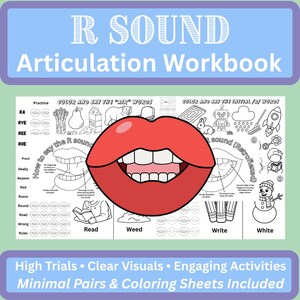 Peut inclure: Un cahier d'exercices intitulé "R SOUND Articulation Workbook" avec un grand dessin de bouche rouge. Le cahier comprend des illustrations et du texte pour pratiquer le son "R", avec les phrases "High Trials", "Clear Visuals" et "Engaging Activities" en bas.