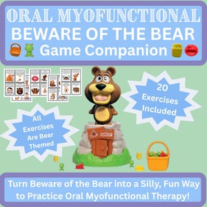 以下が含まれることがあります： 口腔筋機能療法用のゲームコンパニオン。茶色のクマのフィギュアが、木のドアが付いた岩の台座の上に立っています。ゲームには、すべてクマをテーマにした20のエクササイズが含まれており、追加のゲームピースとカードも付属しています。「Beware of the Bear」と書かれています。