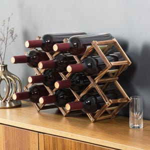 Stackable Wooden Wine Rack | Geometric Cube Bottle Holder Modular Countertop Storage Display