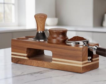 Barista Tamper Stand | Wooden Coffee Station with Portafilter Support and Slot Storage