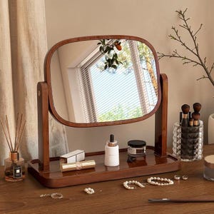 Träspegel med bricka – Justerbar sminkspegel för sminkbord