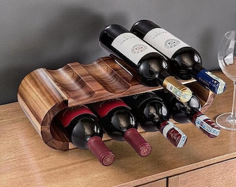 Botellero curvo de madera maciza / Soporte para botellas con diseño ondulado / Expositor de almacenamiento para encimera