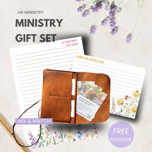 May include: A ministry gift set featuring a brown leather-like card holder, lined stationery with floral accents, and small cards with the text "Is living without pain or sadness possible?" and "Sorry we missed you." A gold pen is included in the set.