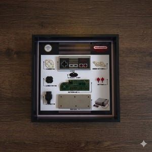 May include: Framed artwork featuring disassembled components of a Nintendo Entertainment System (NES). The black frame surrounds a white background with labeled parts like the direction pad, buttons, and motherboard. The Nintendo logo is visible.