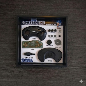 May include: A framed display of a disassembled Sega Genesis controller. The black controller parts are labeled "FRONT" and "BACK". Other components include a circuit board, buttons, and a connector. The Sega Genesis logo and text are visible.