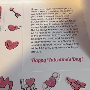 May include: A Valentine's Day card with decorative heart stickers and the words "Happy Valentine's Day!" in pink. The card includes a handwritten message about love and a pug named Auggie.