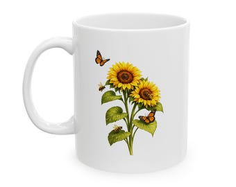 Sunflower Bouquet Mug | Ceramic Coffee Cup with Butterflies and Bees