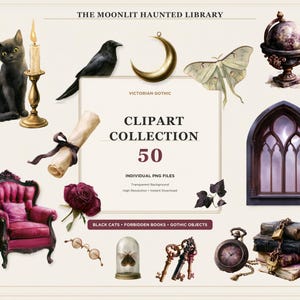 Könnte beinhalten: Eine digitale Clipart-Sammlung mit dem Titel The Moonlit Haunted Library mit 50 viktorianischen Gothic-Elementen, darunter eine schwarze Katze, eine Kerze, eine Krähe, ein Halbmond, eine Motte, ein Globus, ein Bogenfenster, ein magentafarbener Sessel und Bücher.