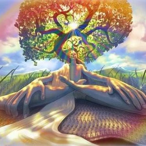May include: A colorful, abstract painting of a person sitting in a meditative pose under a large, rainbow-colored tree. The person's body is made of swirling colors and the tree has a vibrant, multi-colored canopy.