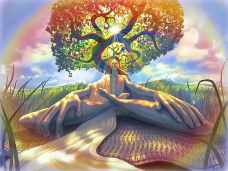 May include: A colorful, abstract painting of a person sitting in a meditative pose under a large, rainbow-colored tree. The person's body is made of swirling colors and the tree has a vibrant, multi-colored canopy.