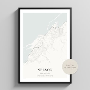 Mapa de Nelson, Nueva Zelanda / Mapa de Tasman, Nueva Zelanda / Arte mural minimalista / Regalo para la ciudad natal / Decoración moderna