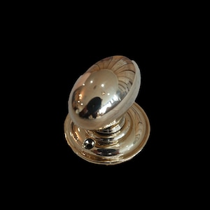May include: A polished brass door knob with an oval-shaped handle and a circular base. The handle has a reflective surface, and the base features decorative detailing. The knob is set against a black background.