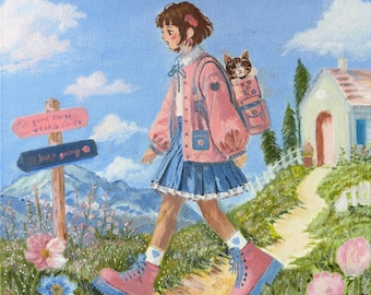 Good Things Take Time | Original Oil Painting on Canvas | 12x12 Cottagecore Countryside Girl and Cat | Signed One of a Kind Art