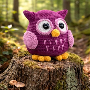 Peut inclure: Un hibou crocheté à la main, dans des tons de violet, rose, blanc et jaune. Le hibou a de grands yeux, un bec jaune et des pieds jaunes. Il est perché sur une souche d'arbre couverte de mousse, dans un cadre forestier.