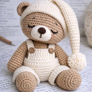 Peut inclure: Ours en peluche au crochet portant un bonnet de nuit et une salopette crème. L'ours est brun clair avec un visage et un ventre blancs. Le texte "Crochet Pattern PDF" est en haut de l'image.