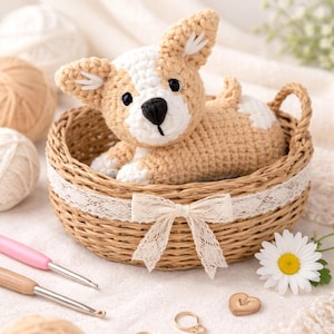 Peut inclure: Un jouet pour chien au crochet fait à la main dans un panier tressé avec un nœud en dentelle. Le chien est beige et blanc, avec des yeux et un nez noirs. Le panier est orné de dentelle. Des crochets et des pelotes de laine sont également visibles.