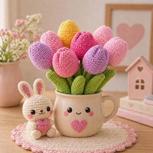 Peut inclure: Une composition artisanale de tulipes crochetées dans une tasse en céramique souriante, avec un lapin crocheté tenant un cœur. Les tulipes sont roses, violettes et jaunes, avec des tiges vertes. Le lapin est de couleur crème.