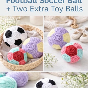 Peut inclure: Plusieurs ballons de football et balles de jeu amigurumi crochetés, de couleurs variées. Les ballons sont dans un panier et sur une surface blanche. Le texte de l'image indique "PATTERN: Amigurumi Football Soccer Ball + Two Extra Toy Balls."