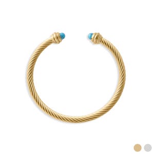 A gold twisted cable cuff bracelet with turquoise ends on a white background, accompanied by color selection swatches at the bottom corner.