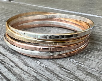 Full Hammered Bangle Set of 6, Gold, Silver, and Rose Gold Filled - 10 Gauge Half Round