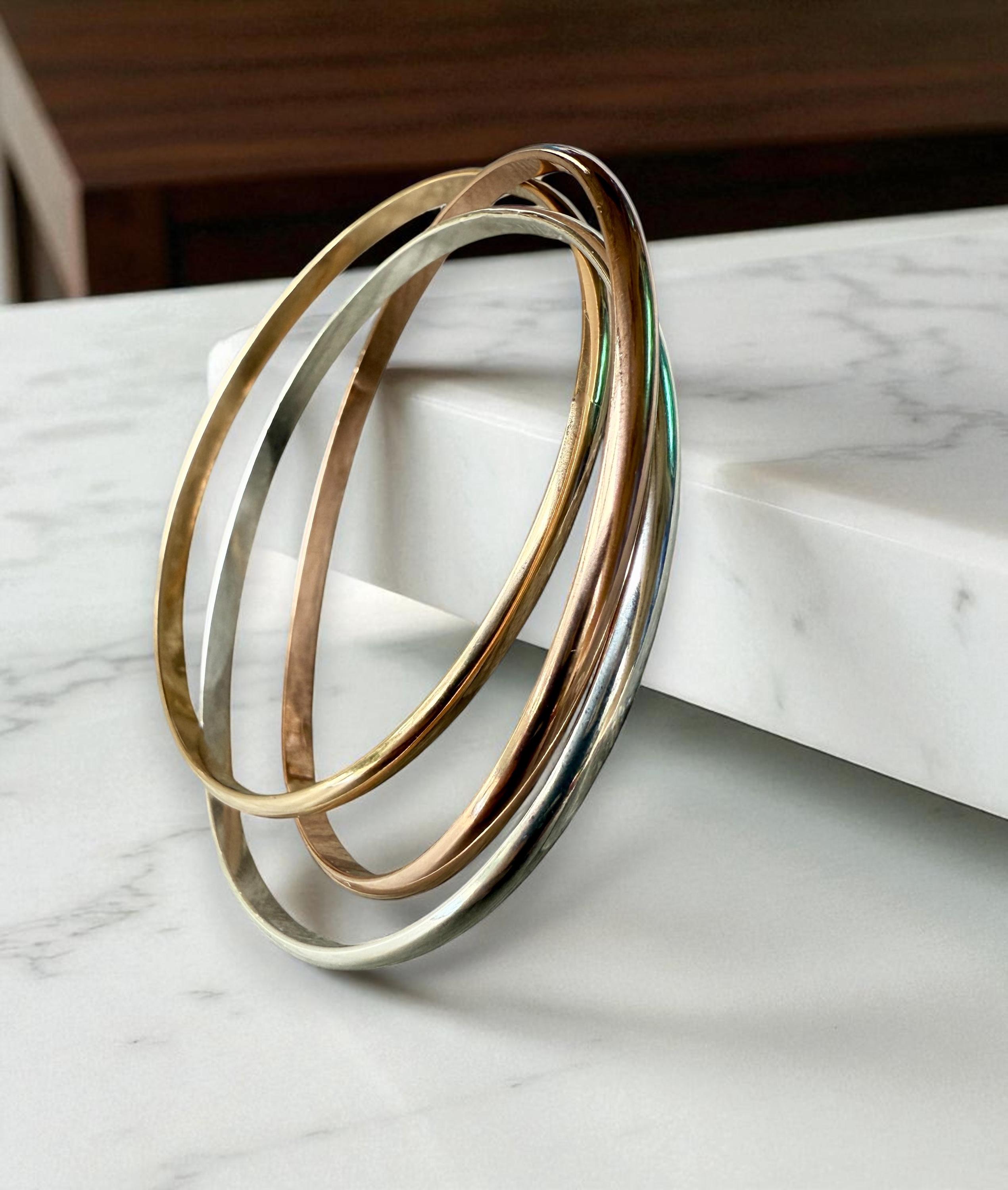 Elegant Interlocking Tri-color Bangle Set, 3 Interlocked Bangles