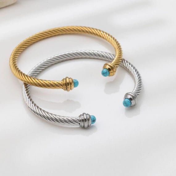 18K Gold PVD Stainless Steel Turquoise Twisted Bangle Cuff