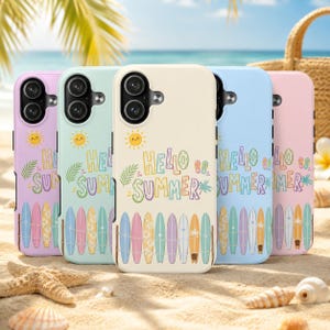 May include: Five smartphone cases in pastel purple, mint green, cream, light blue, and soft pink. Each case features a smiling sun, the text "HELLO SUMMER," and a row of colorful surfboards. The cases are arranged in a line on a sandy beach.