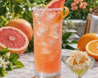 May include: A tall, clear glass filled with a pink grapefruit cocktail, ice cubes, and a salted rim, garnished with a fresh grapefruit slice and orange peel. Beside it sits a small glass bowl containing cubed, sugar-coated citrus fruit pieces.