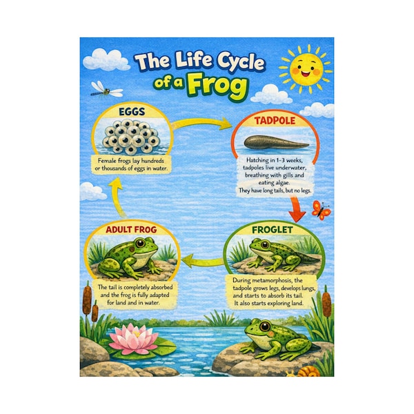 Life Cycle of a Frog Matte Vertical Poster | Educational Science Classroom Wall Art