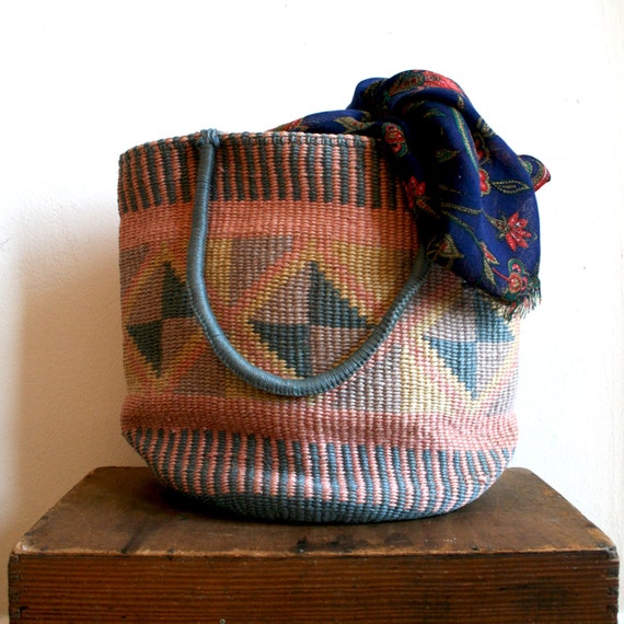 Items similar to Pink and Blue Jute Bag on Etsy