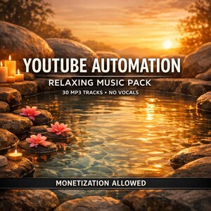 Peut inclure: Image publicitaire pour un pack de musique relaxante pour l'automatisation YouTube. La scène présente un cadre aquatique tranquille avec des fleurs roses flottantes, des bougies allumées et le texte "YOUTUBE AUTOMATION" et "RELAXING MUSIC PACK". Le texte "MONETIZATION ALLOWED" est également visible.