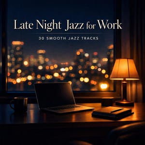 May include: A desktop scene at night with a laptop, lamp, and coffee mug. The text "Late Night Jazz for Work" and "30 Smooth Jazz Tracks" are displayed. A city skyline is visible through the window.