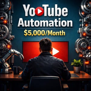 Puede incluir: Una persona está sentada en un escritorio frente a una pantalla de computadora que muestra el logotipo de YouTube. La pantalla está sobre un fondo azul oscuro con las palabras "YouTube Automation" y "$5,000/Mes" en blanco y dorado. Engranajes mecánicos y brazos robóticos enmarcan la escena.