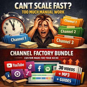 Op de afbeelding: Een advertentie met de tekst "CAN'T SCALE FAST? TOO MUCH MANUAL WORK." Het toont een gestreste persoon, mappen met het label "Channel 1, 2, 3" en social media-iconen. De tekst "CHANNEL FACTORY BUNDLE" is ook zichtbaar.