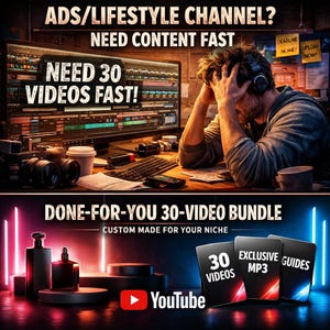 May include: An advertisement for a video bundle. The top half shows a person at a computer with the text "NEED 30 VIDEOS FAST!". The bottom half displays a "DONE-FOR-YOU 30-VIDEO BUNDLE" with a YouTube logo and icons for videos, MP3s, and guides.