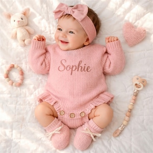 Personalized Baby Romper with Headband and Booties, Dusty Rose Ruffle Knit Sweater, Embroidered Name Coming Home Outfit, Newborn Gift