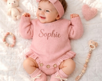 Personalized Baby Romper with Headband and Booties, Dusty Rose Ruffle Knit Sweater, Embroidered Name Coming Home Outfit, Newborn Gift