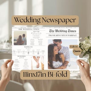 Modelo de jornal de casamento editável, programa de casamento Canva (download digital), formato dobrável de 28 x 43 cm.