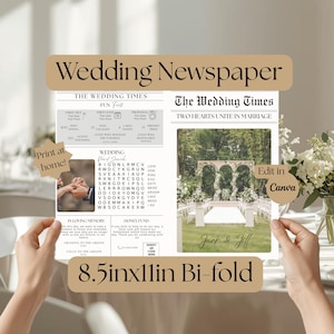 Editable Wedding Newspaper Template, Canva Wedding Program (Digital Download), 11inx8.5in Bi-fold