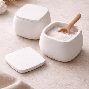 Op de afbeelding: Witte keramische zoutvaatjes set met een vierkante vorm, inclusief een deksel, een kleine houten lepel en een apart deksel. De open container is gevuld met grof zout. De set staat op een neutraal getinte ondergrond.