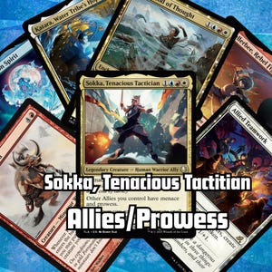 May include: A collection of Magic: The Gathering trading cards. The central card features "Sokka, Tenacious Tactician," a legendary creature. Other cards showcase various characters and spells, with vibrant artwork and text. The cards are arranged in a visually appealing layout.