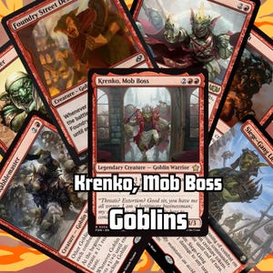 May include: A collection of Magic: The Gathering trading cards featuring goblin characters. The central card displays "Krenko, Mob Boss" with a goblin warrior illustration. Other cards include "Foundry Street Denizen" and "Siege-Gang Commander".
