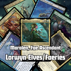 Può includere: Un gruppo di carte di Magic: The Gathering, con "Maralen, Fae Ascendant" come carta centrale. Altre carte includono "Nath of the Gilt-Leaf" e "Yarok, the Desecrated". Il testo "Lorwyn Elves/Faeries" è presente.