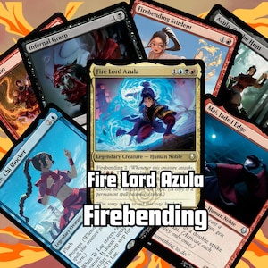 Puede incluir: Un conjunto de cartas coleccionables de Magic: The Gathering con personajes y temas de la serie animada Avatar: La Leyenda de Aang. Las cartas incluyen "Fire Lord Azula" y "Firebending Student", con ilustraciones vibrantes y texto.