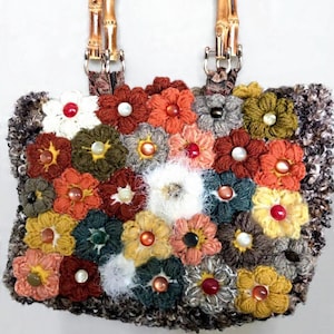 Crochet Floral Bag in Wool, Raised Flowers Handbag, Bamboo Handle Bag, Boho Statement Purse, One of a Kind