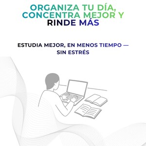 Könnte beinhalten: Buchcover mit dem Text "Organisieren Sie Ihren Tag, konzentrieren Sie sich besser und leisten Sie mehr". Es enthält auch den Text "Besser lernen, in kürzerer Zeit - Ohne Stress". Das Bild zeigt eine Person, die einen Laptop und zwei offene Bücher benutzt.