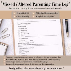 May include: A printable PDF document titled "Missed / Altered Parenting Time Log" for neutral custody documentation. The document includes sections for actual parenting time, time differences, and communication methods. A pen and paperclips are also visible.