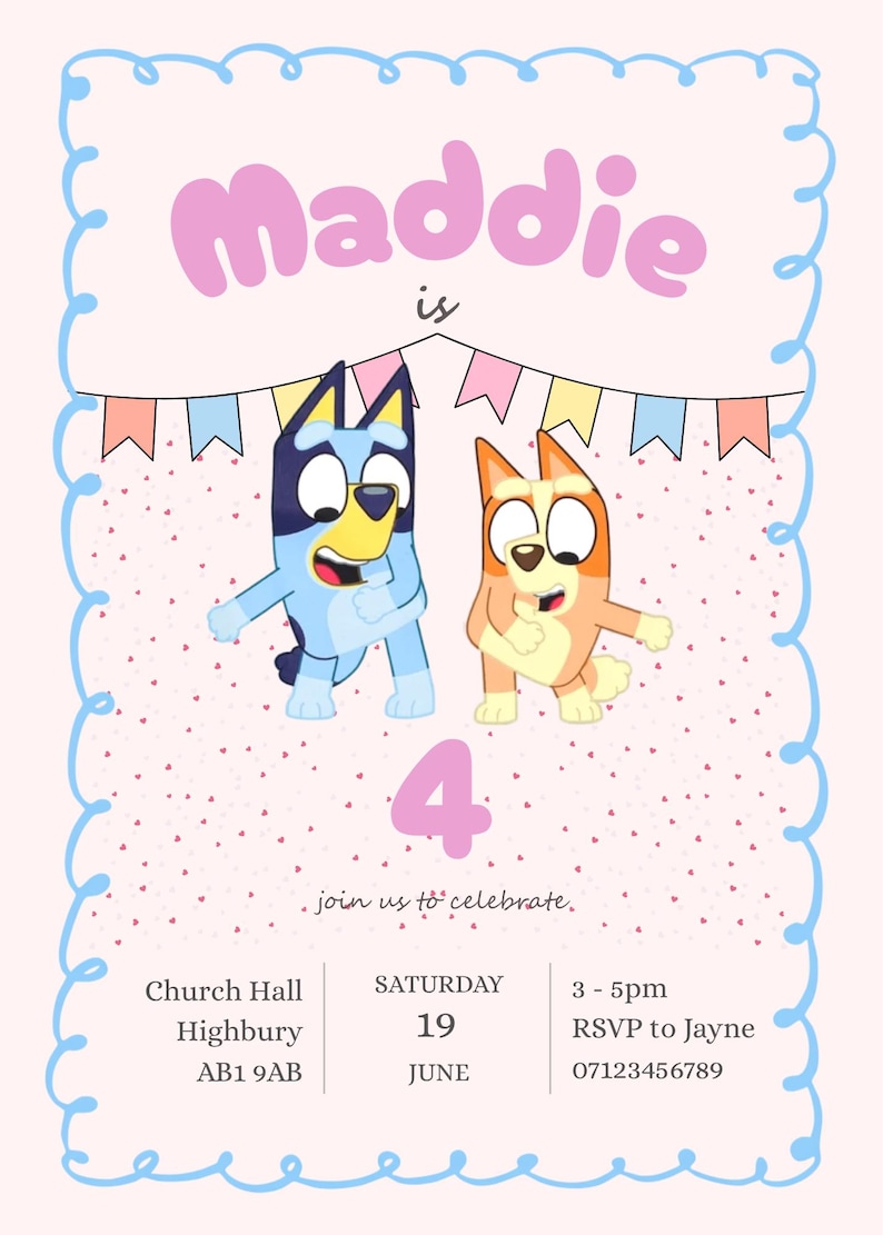 Bluey Theme Birthday Invitation | Pink Invite | Editable Canva Template ...