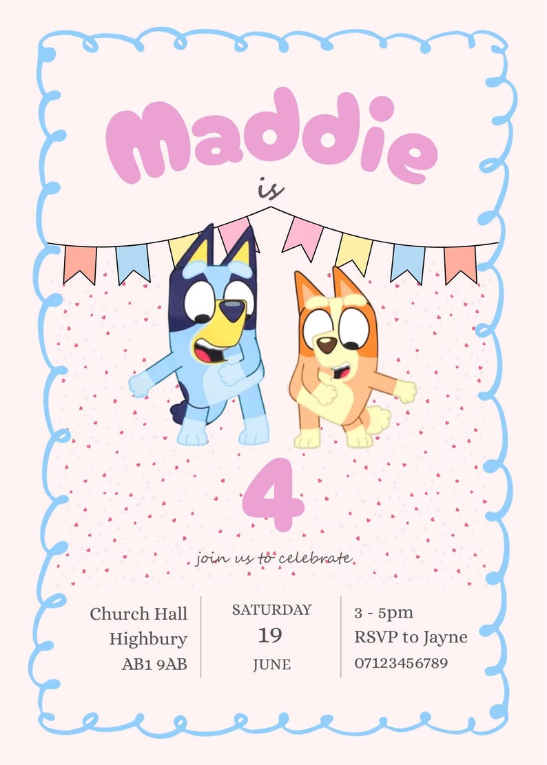 Bluey Theme Birthday Invitation | Pink Invite | Editable Canva Template ...